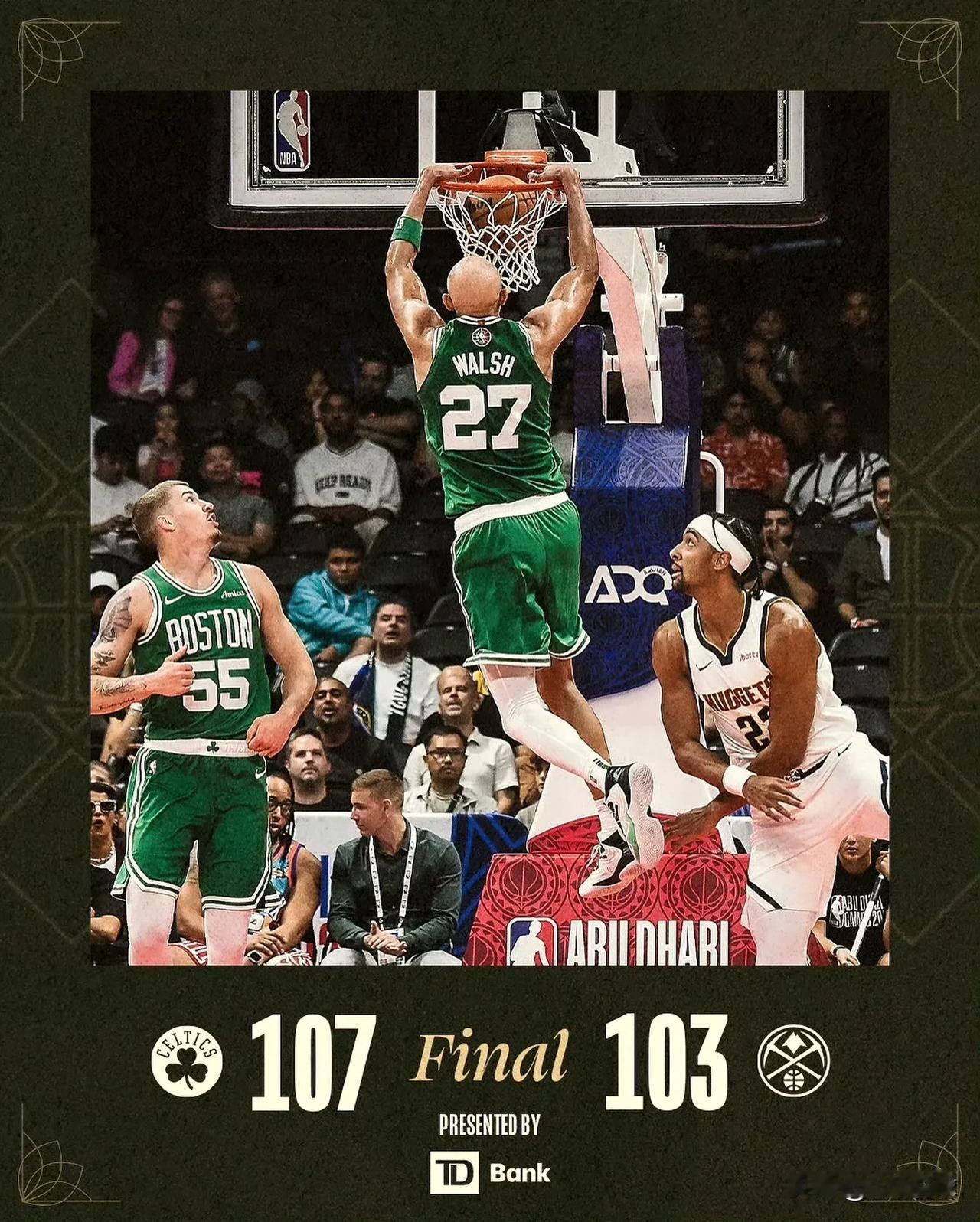 NBA季前赛开打，凯尔特人107-103逆转险胜掘金，3个没想到。

第一个没想