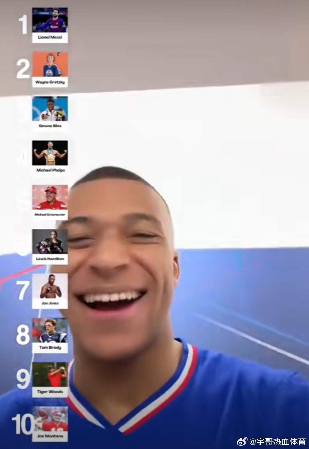 法国国家队Tiktok发布的视频中，姆巴佩选择球王梅西🐐为GOATS之王，前十