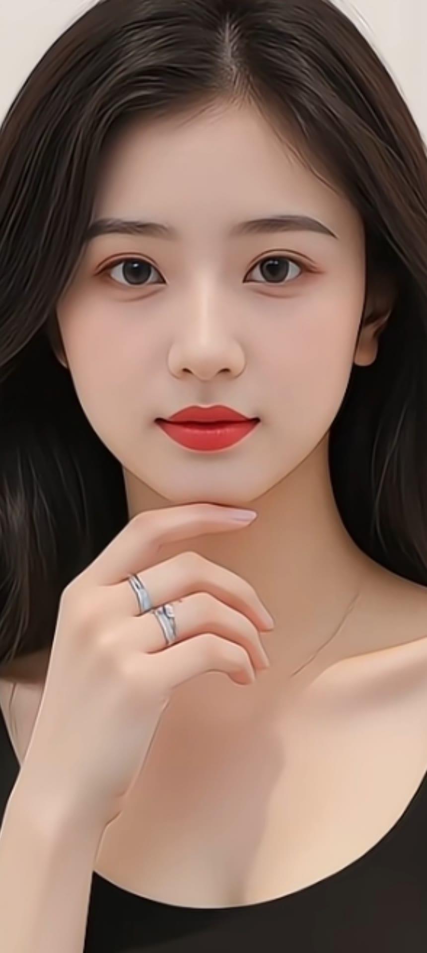 温柔甜美的少女，红唇轻启，指尖轻触，散发着优雅的气息。