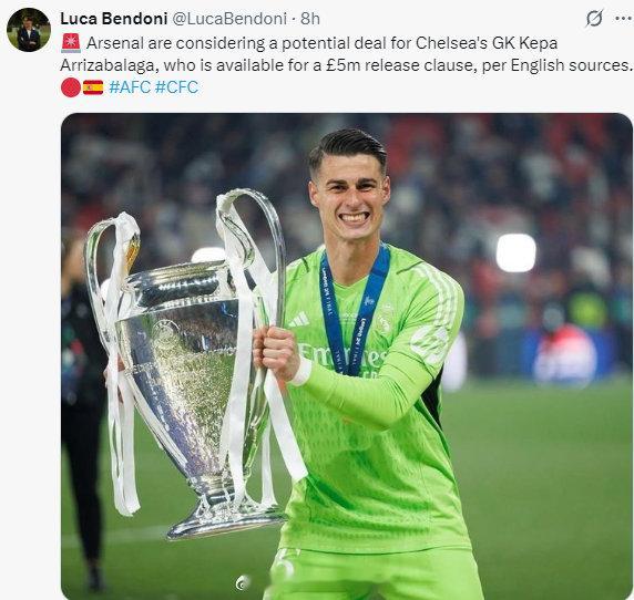 天空体育记者Luca Bendoni表示：“据英国消息人士透露，阿森纳正在考虑签