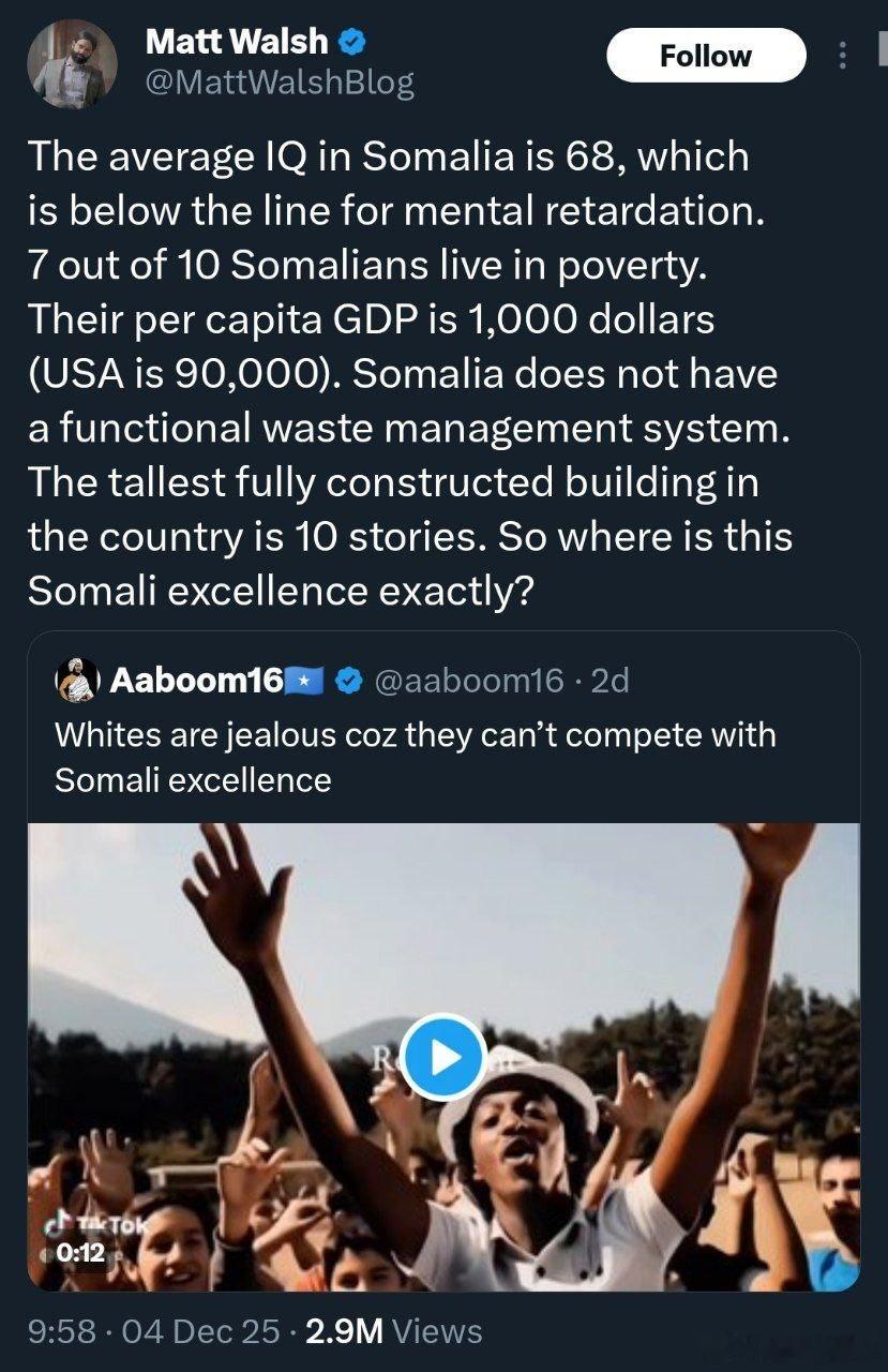 白人嫉妒（索馬里），因為他們無法與索馬里的優秀相比索馬利人的平均智商為68，低於