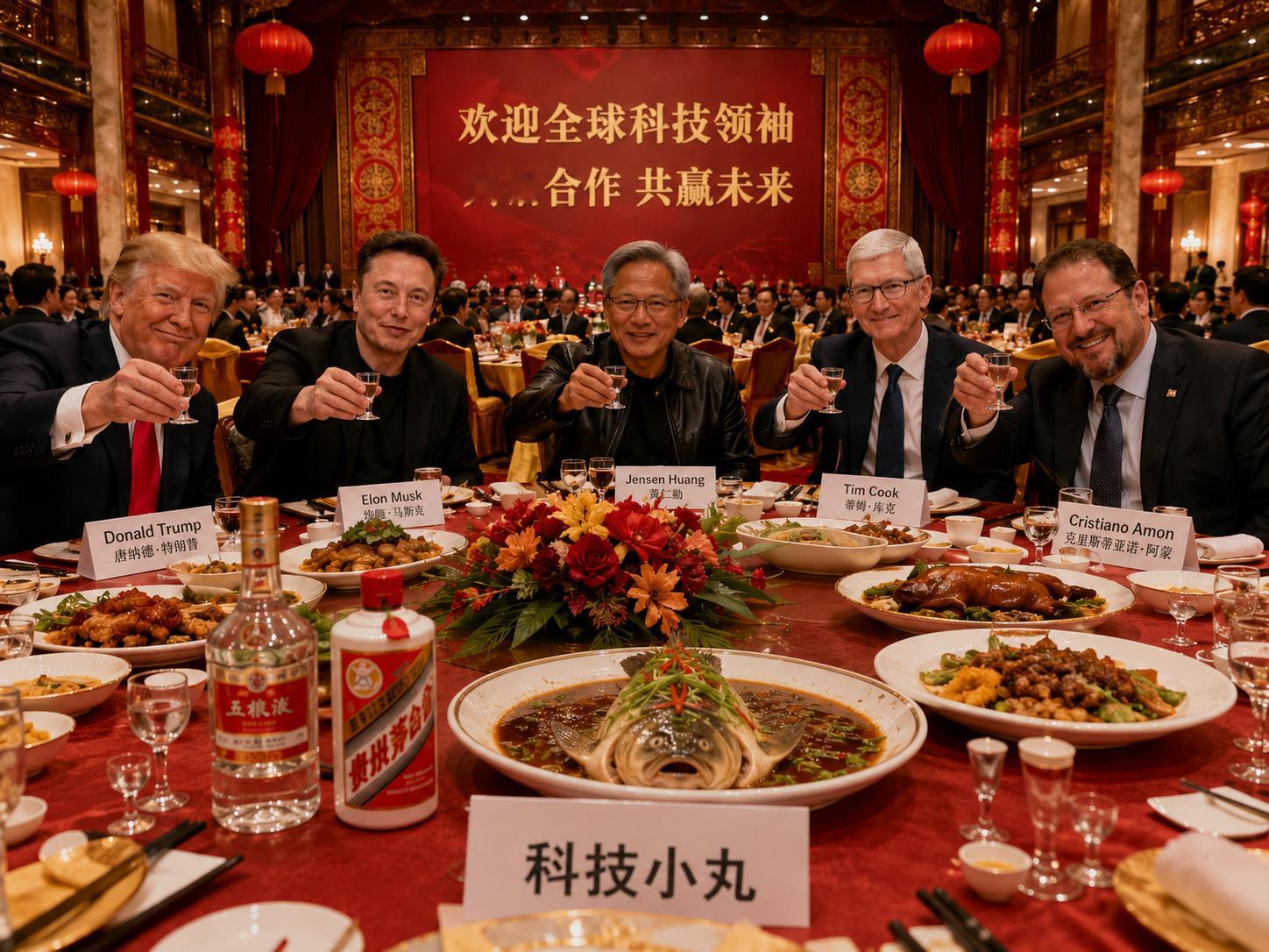 马斯克库克黄仁勋等进入会谈现场坐下了开吃开吃！！今天菜很硬很好吃！