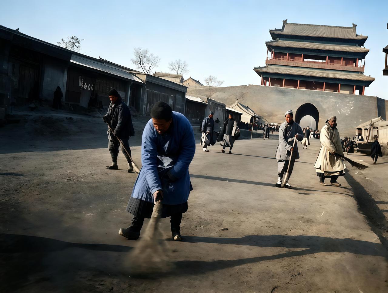 这是清朝真实的黄土垫道、净水泼街的场面。这样的场面只有皇家专用御道才配得上。无论