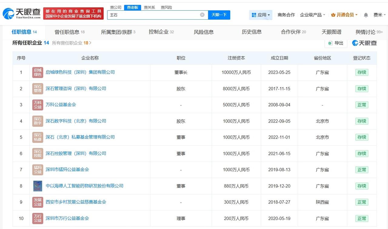 盘点王石商业版图

王石名下关联10余家企业王石否认被抓
据媒体报道，4月12日
