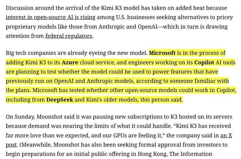 微软将用Kimi K3测试Copilot。这款开放权重模型会被加入 Azure。