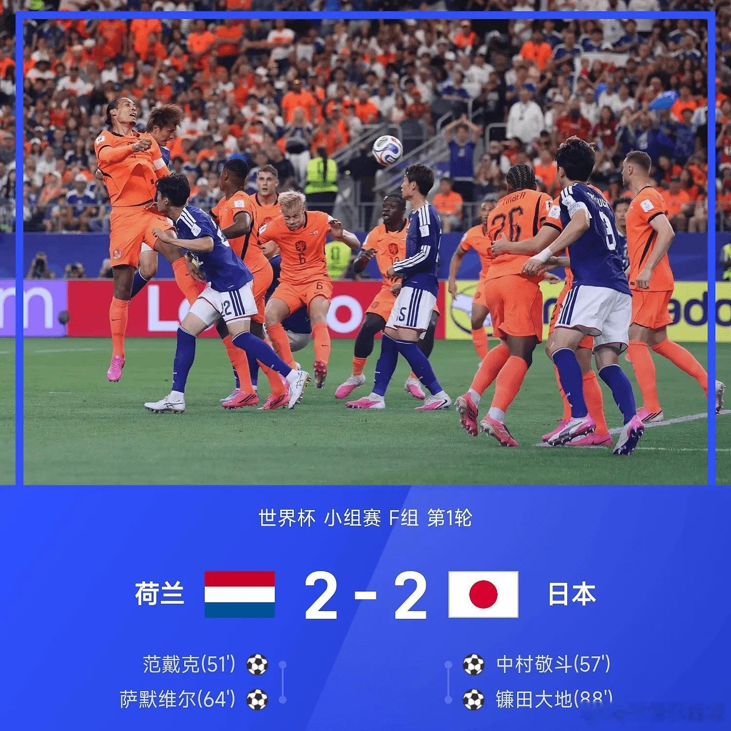 06月15日讯 2026年世界杯小组赛F组第1轮，荷兰2-2战平日本。上半场，马