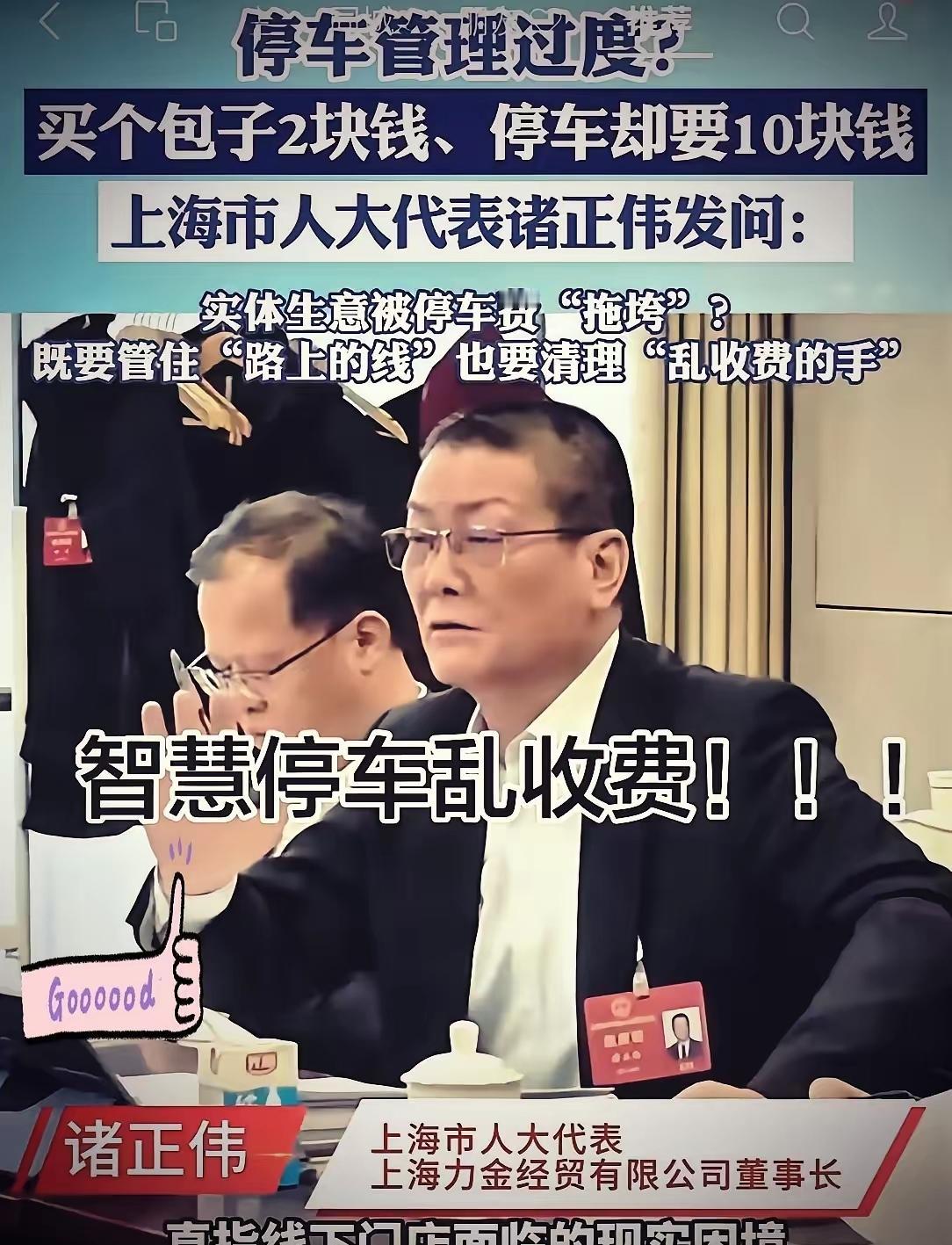 上海人大代表诸正伟真是敢说！
现在路边随便划个线就收“智慧停车”费，吃碗20块的