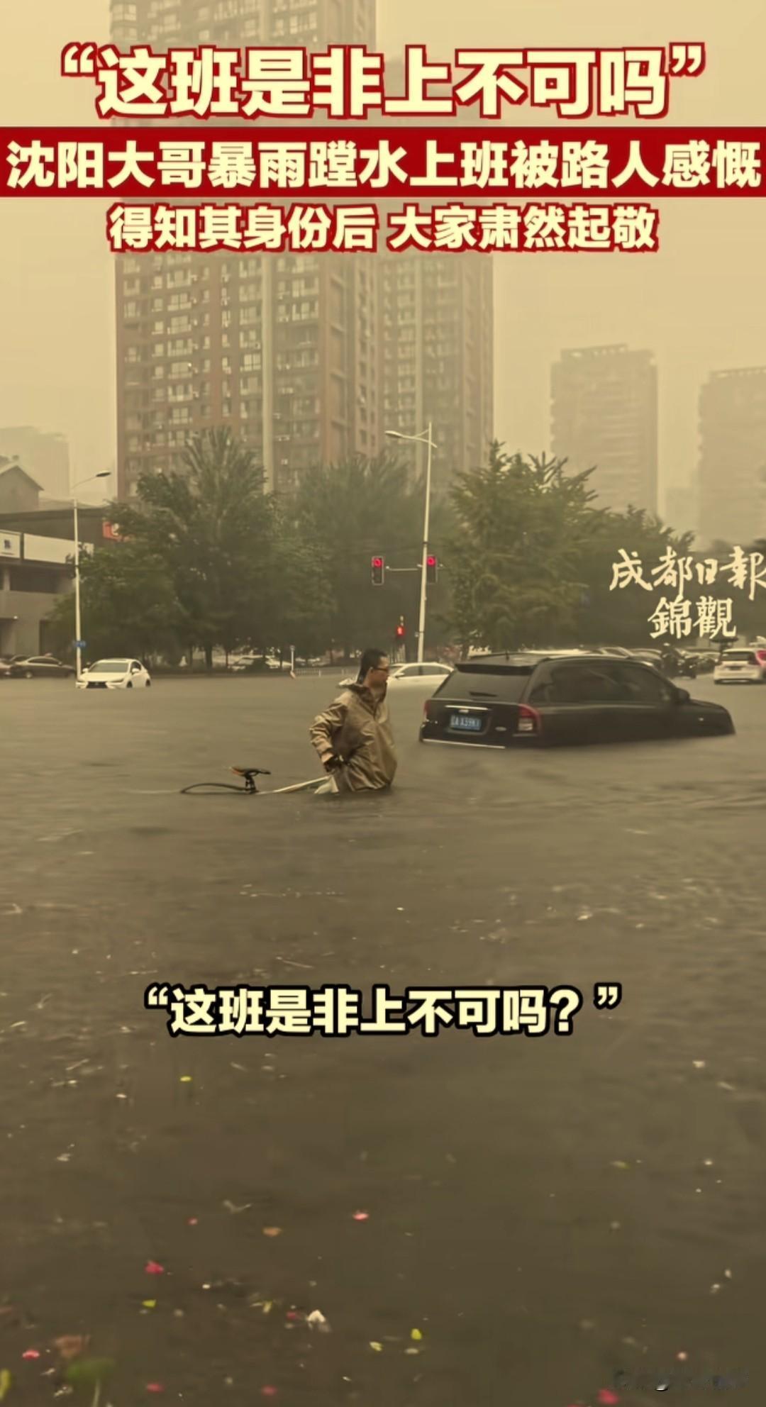 受九号台风“巴威”影响，沈阳迎来特大暴雨，城里多条马路积水没过成年人腰部，车辆根