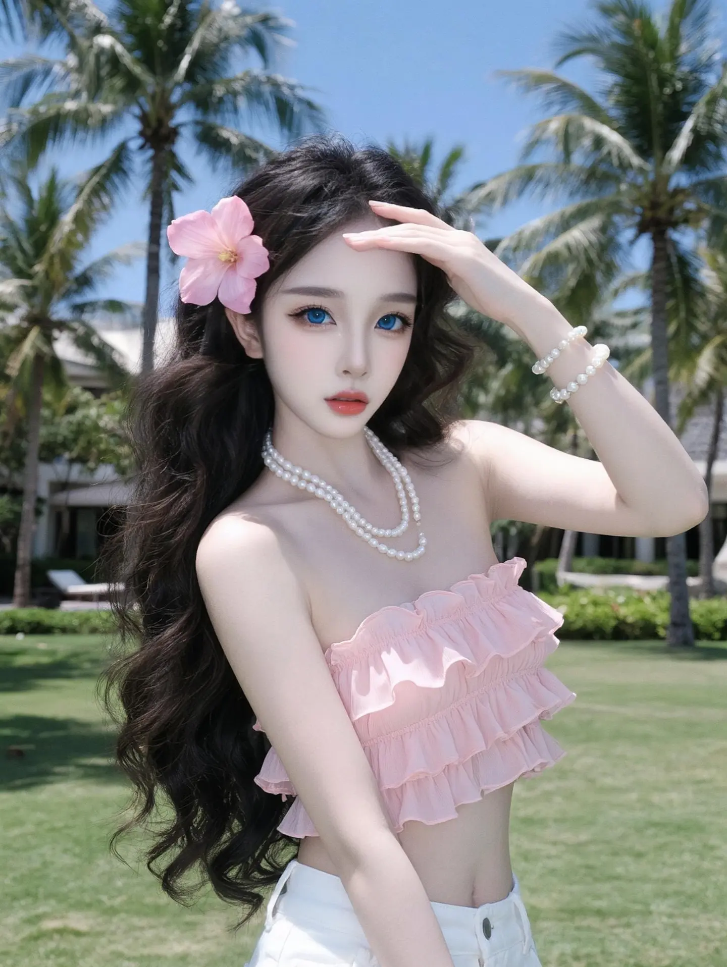 韩系清透肖像 清透淡颜美 清纯白月光妆容 清透妆容 粉色抹胸上衣