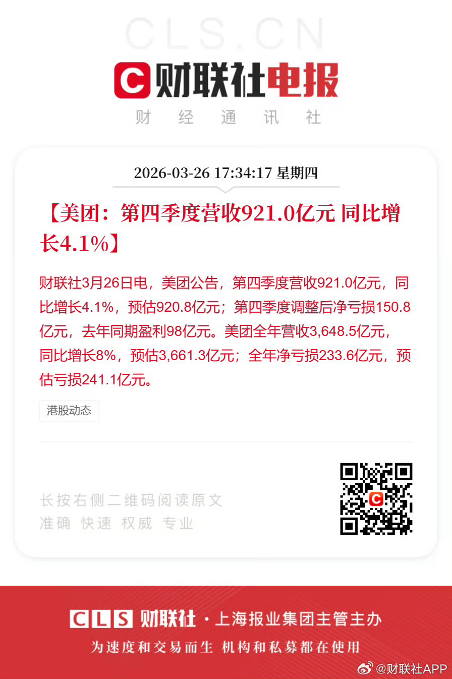 美团第四季度营收921亿美团2025年Q4营收921亿却巨亏150亿，全年更是亏