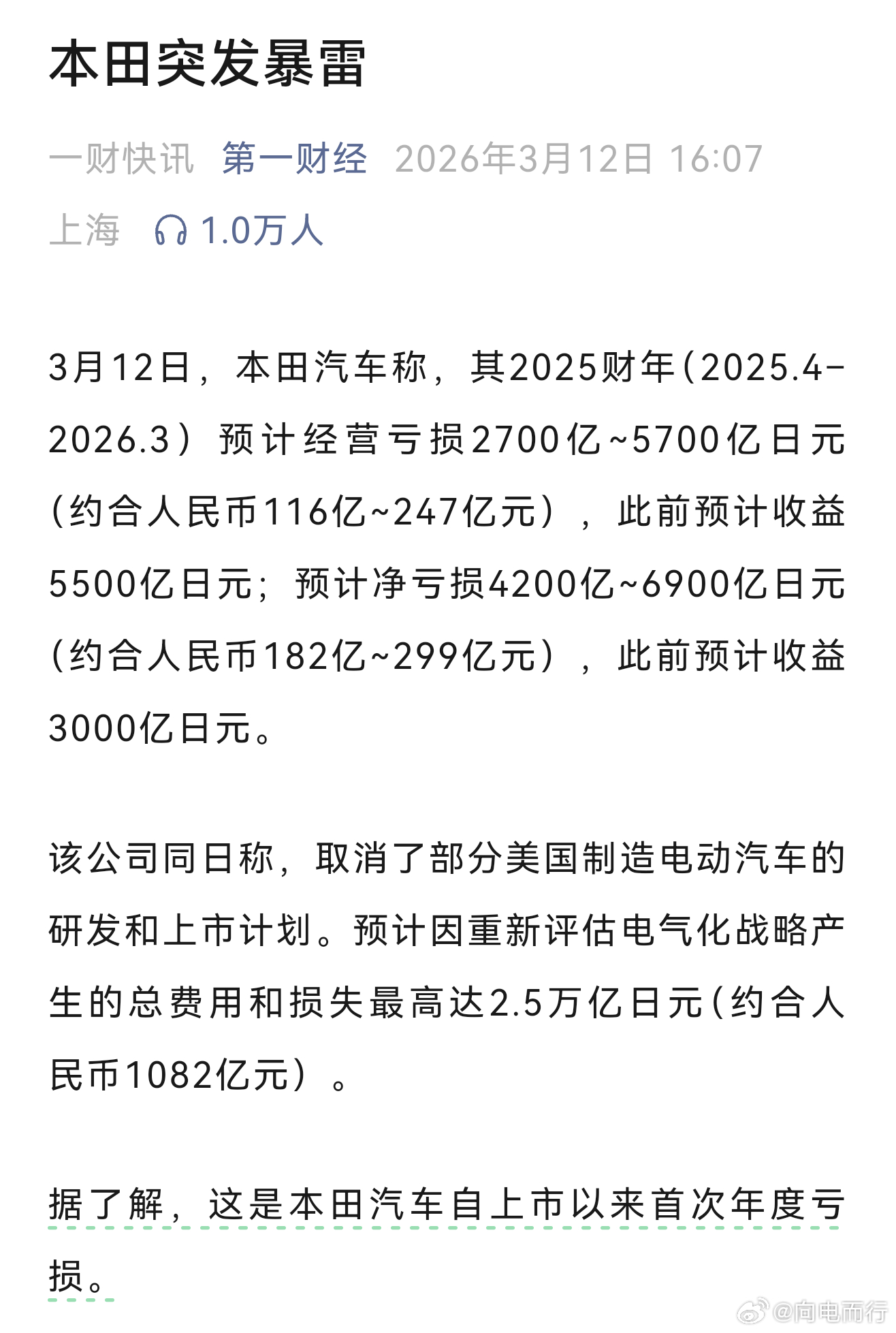 本田突发暴雷财报稀碎，股票也稀碎 ，下一个会是谁？ 