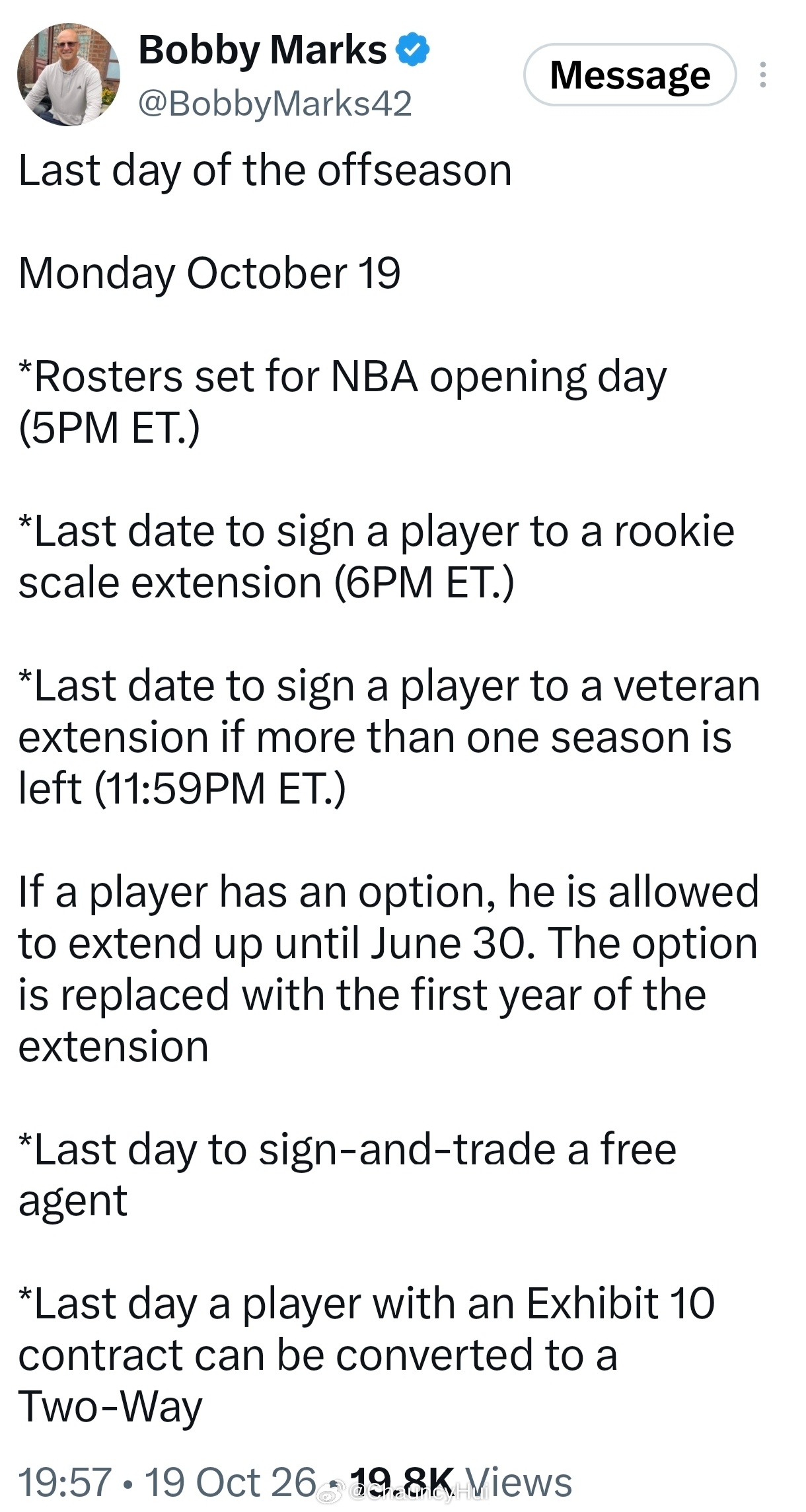 1. 确定NBA新赛季揭幕战球员名单北京时间：10月20日（周二）凌晨5:00各
