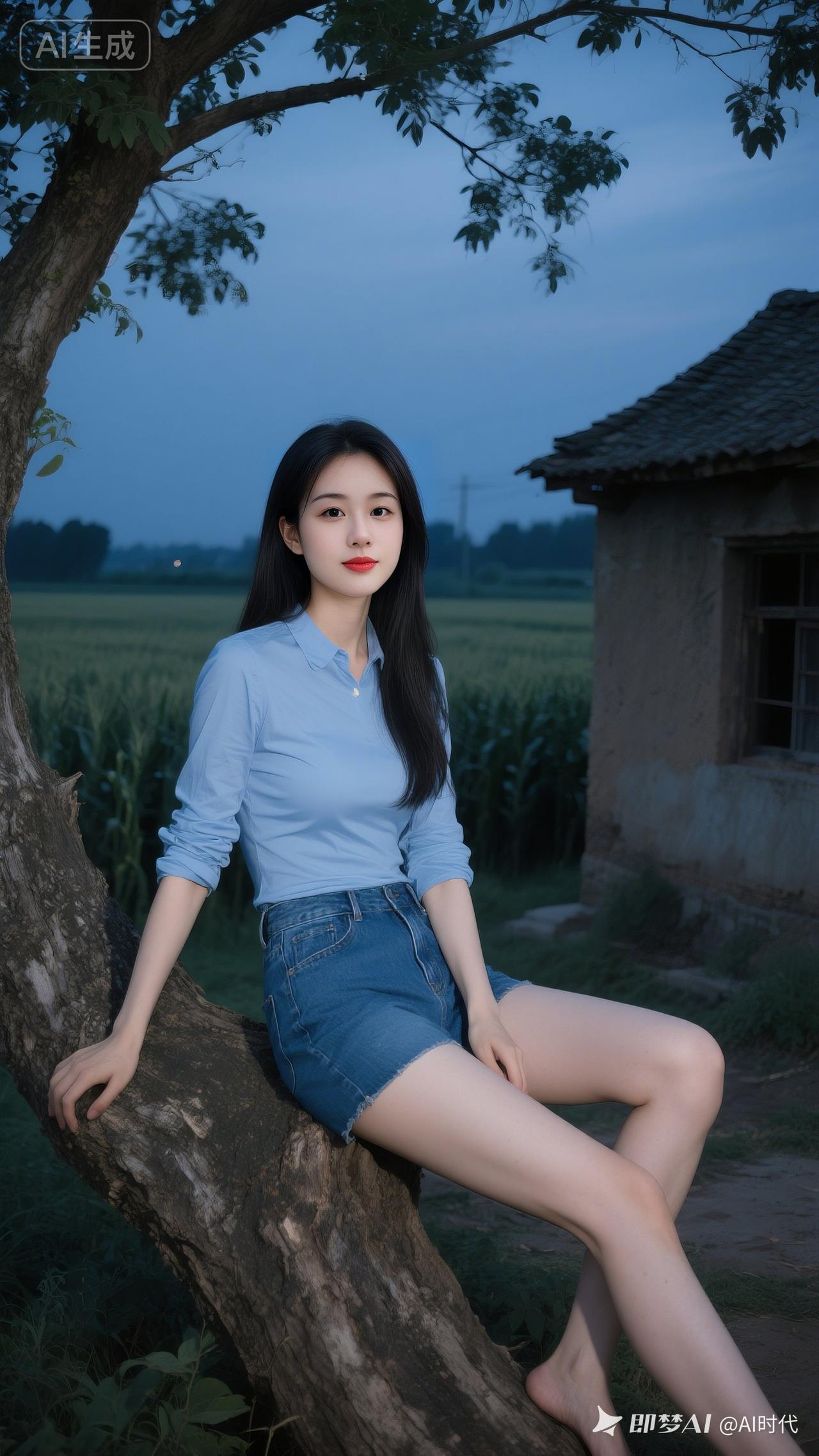 中国年轻女子，修长纤细双腿，冷白皮，长发飘逸。淡蓝色紧身长袖衬衫挽袖，搭配修身牛