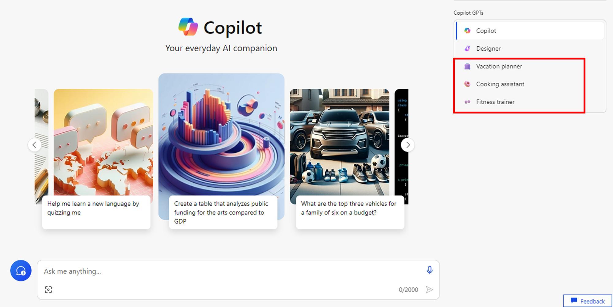 Copilot 新增 3 项 GPT 模型，支持假期规划、烹饪助手以及健身训练。