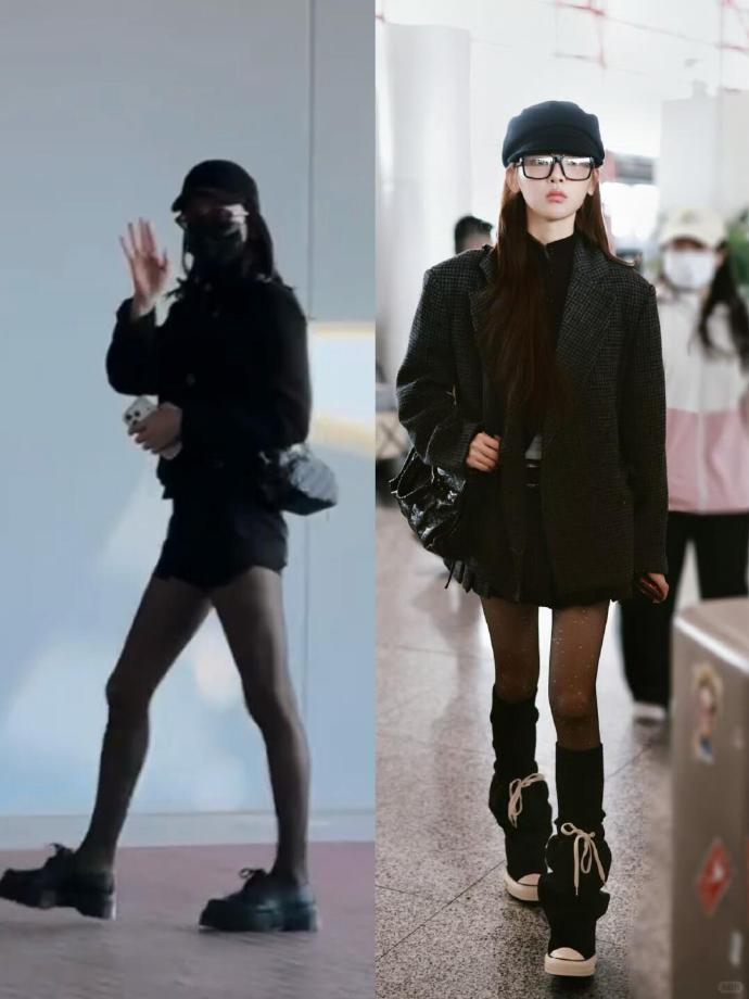 杨超越 迪丽热巴今日机场都穿了黑丝，她们共享了一个造型师？迪丽热巴黑丝长腿