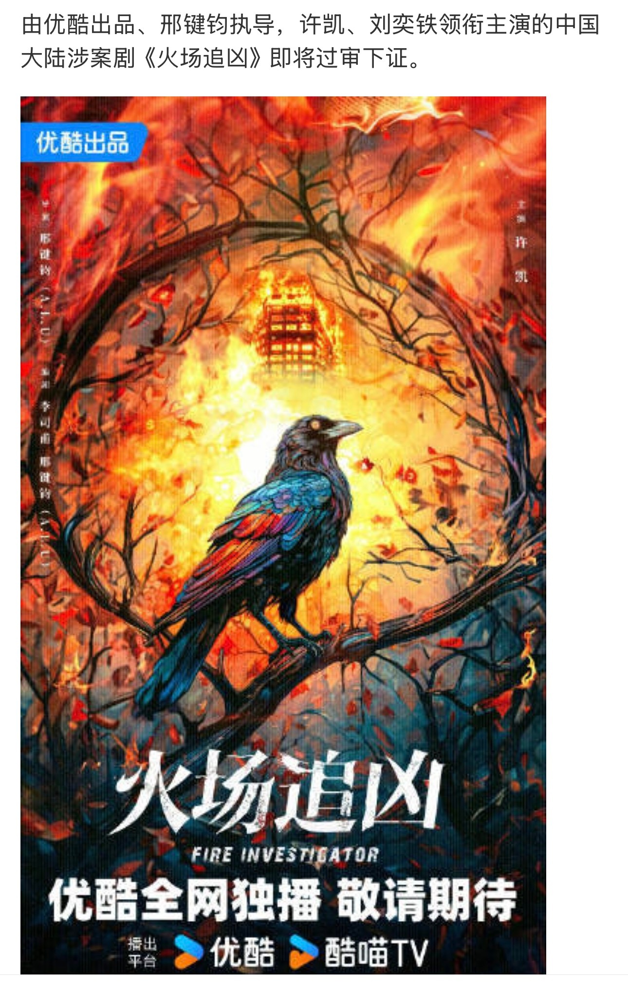 许凯主演的《火场追凶》即将过审下证期待俞瞳许凯