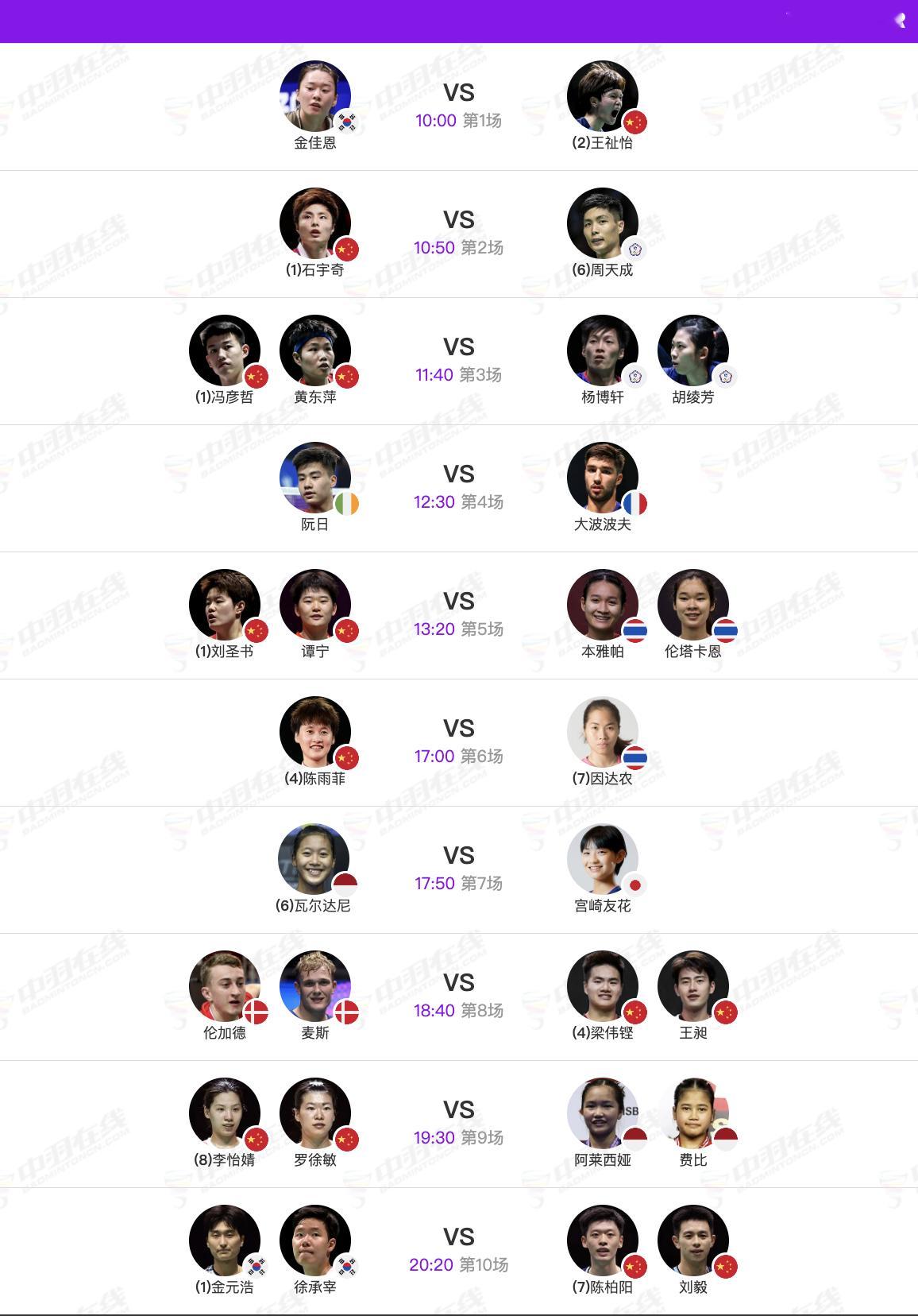 威克多中国羽毛球公开赛 7月24日各单项8进4赛程，早场10点开赛，晚场17点开
