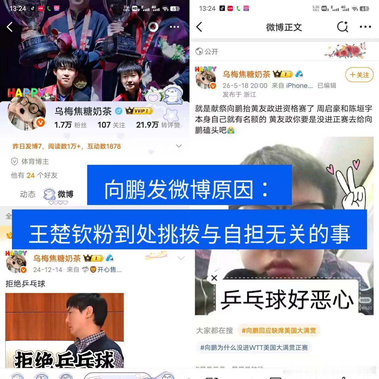 向鹏回应缺席美国大满贯原来造谣传谣给集体抹黑、逼得向鹏出来发文的人又是王楚钦粉丝