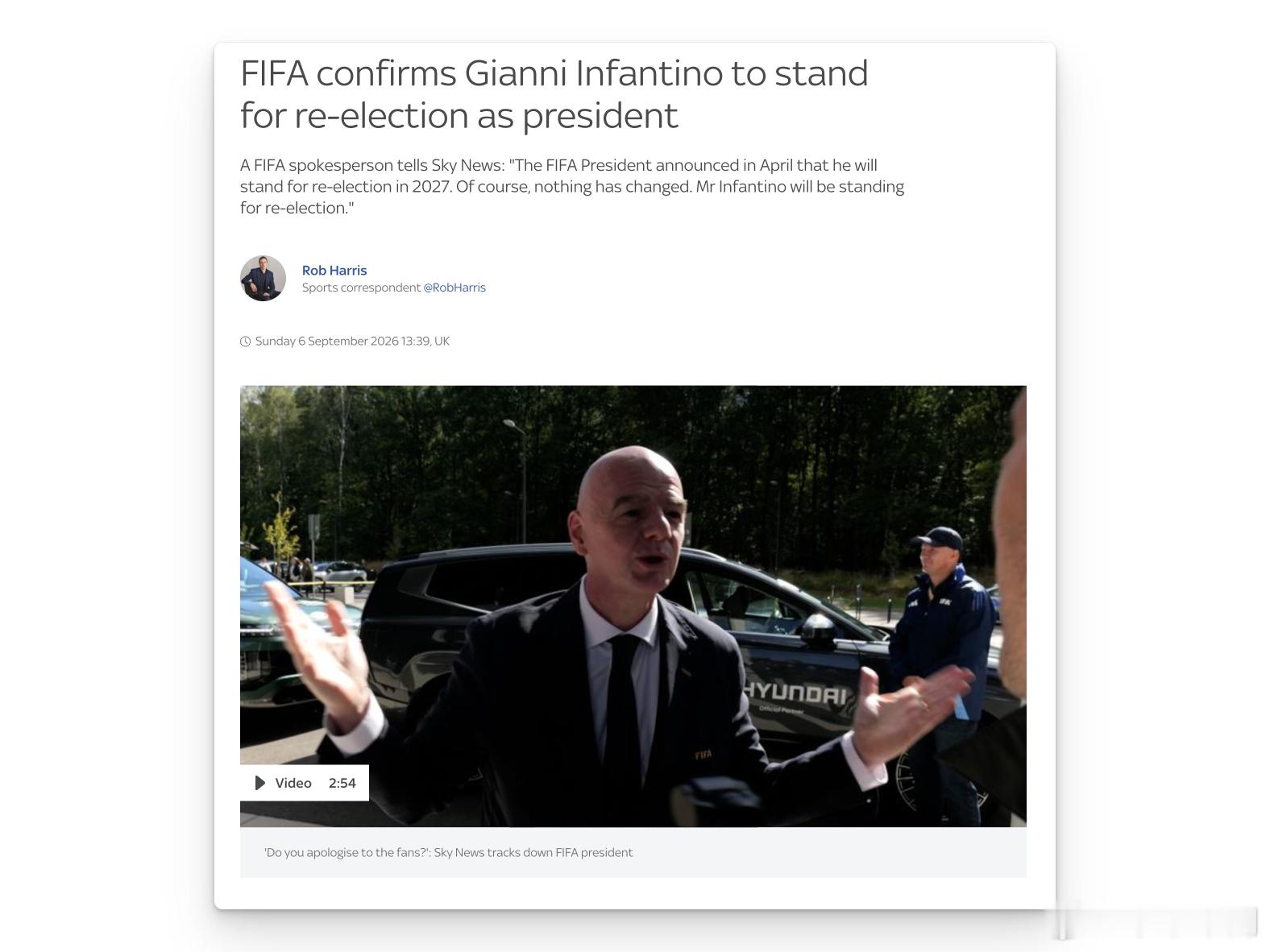 因凡蒂诺确认仍将竞选连任FIFA主席FIFA 9月6日确认，现任主席詹尼·因凡蒂
