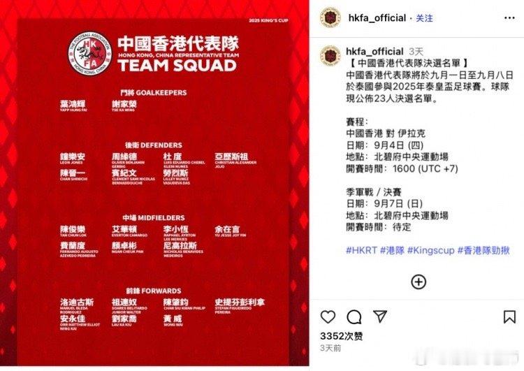 今日，中国香港队通过官方ins公布了球队参加泰王杯比赛的名单，李小恒￼、安永佳、