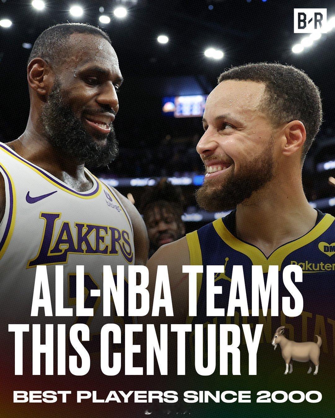 BR评了NBA本世纪的三套最佳阵容一阵：库里、科比、詹姆斯、杜兰特和邓肯二阵：保