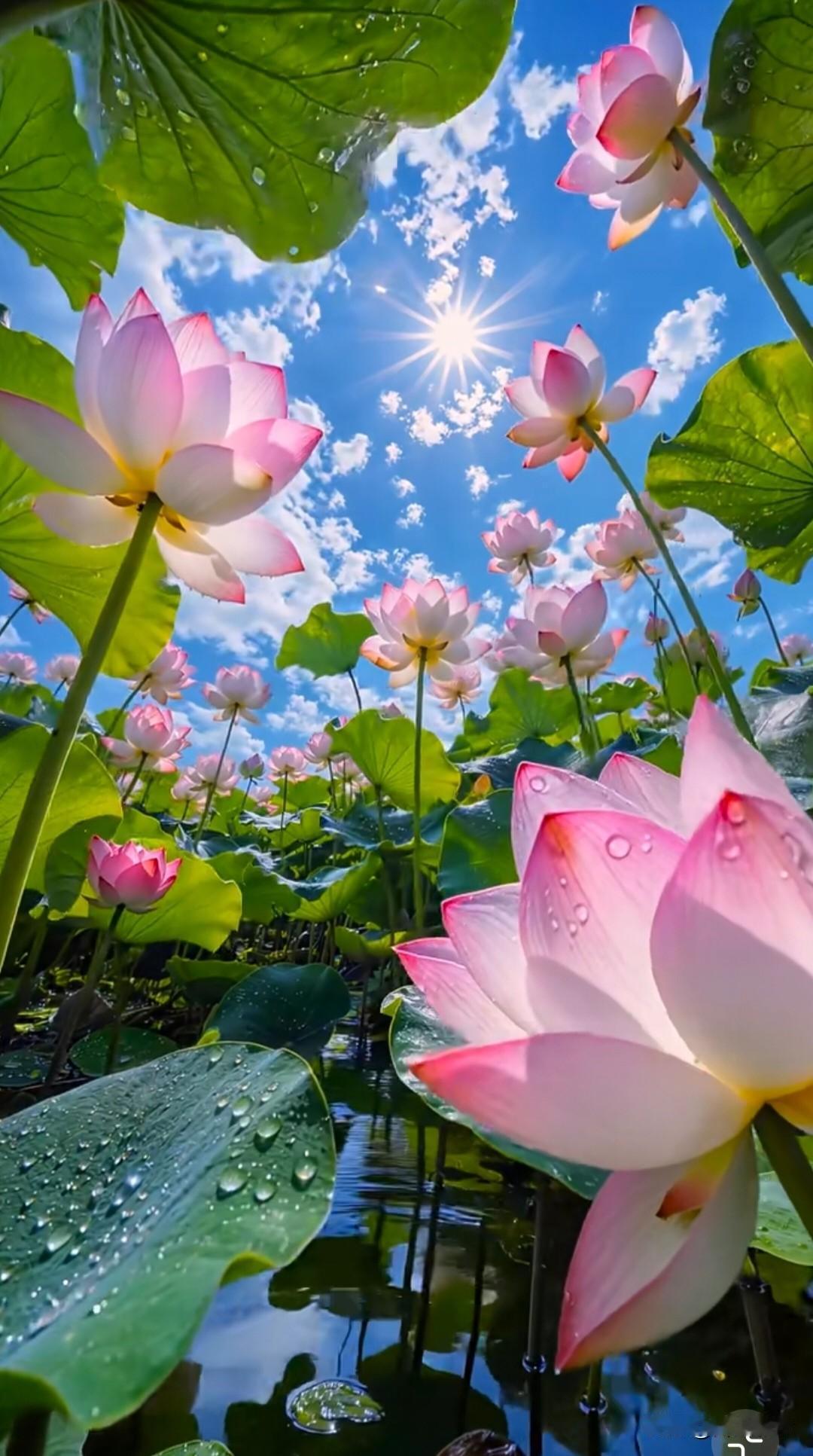 这组荷花的画面实在太美，采用低机位仰拍，视角一下子就与众不同。从荷塘深处向上望去