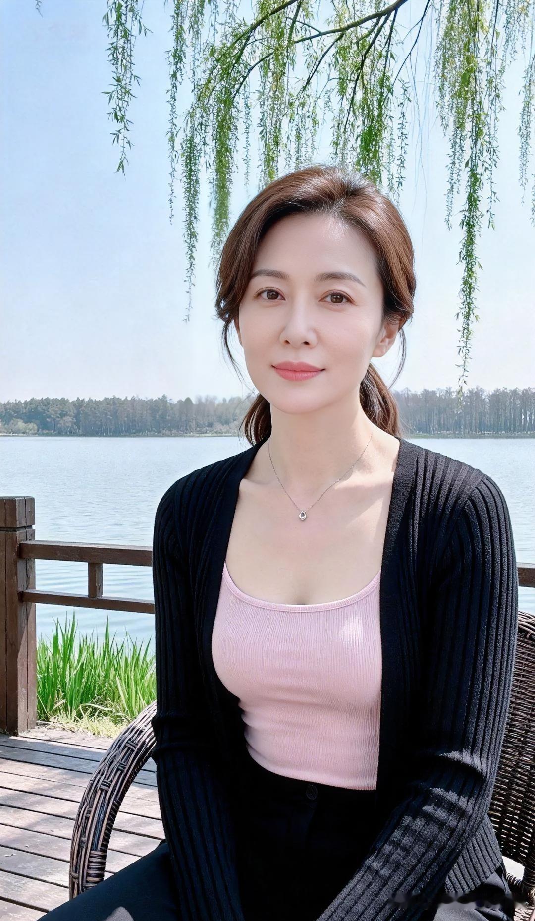 柳丝垂碧映晴光，湖镜涵天，她坐于藤椅，粉衫黑衫相衬，眉眼温柔如春日溪，静美若诗，