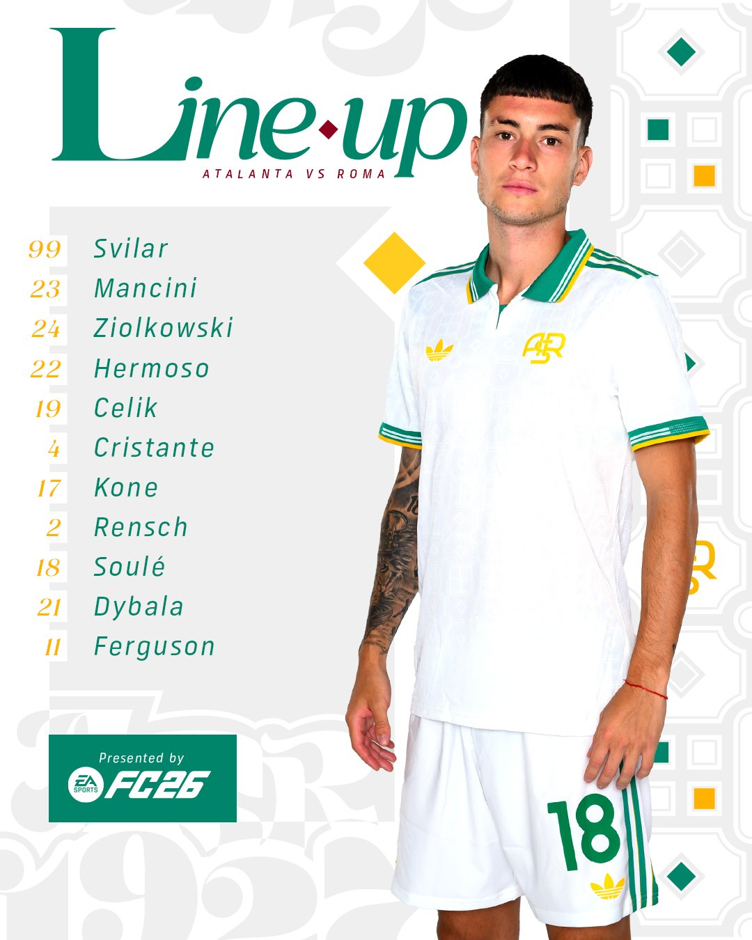 苏莱+迪巴拉+弗格森三叉戟，切利克、伦施两翼，韦斯利替补斯维拉尔 / 曼奇尼 齐