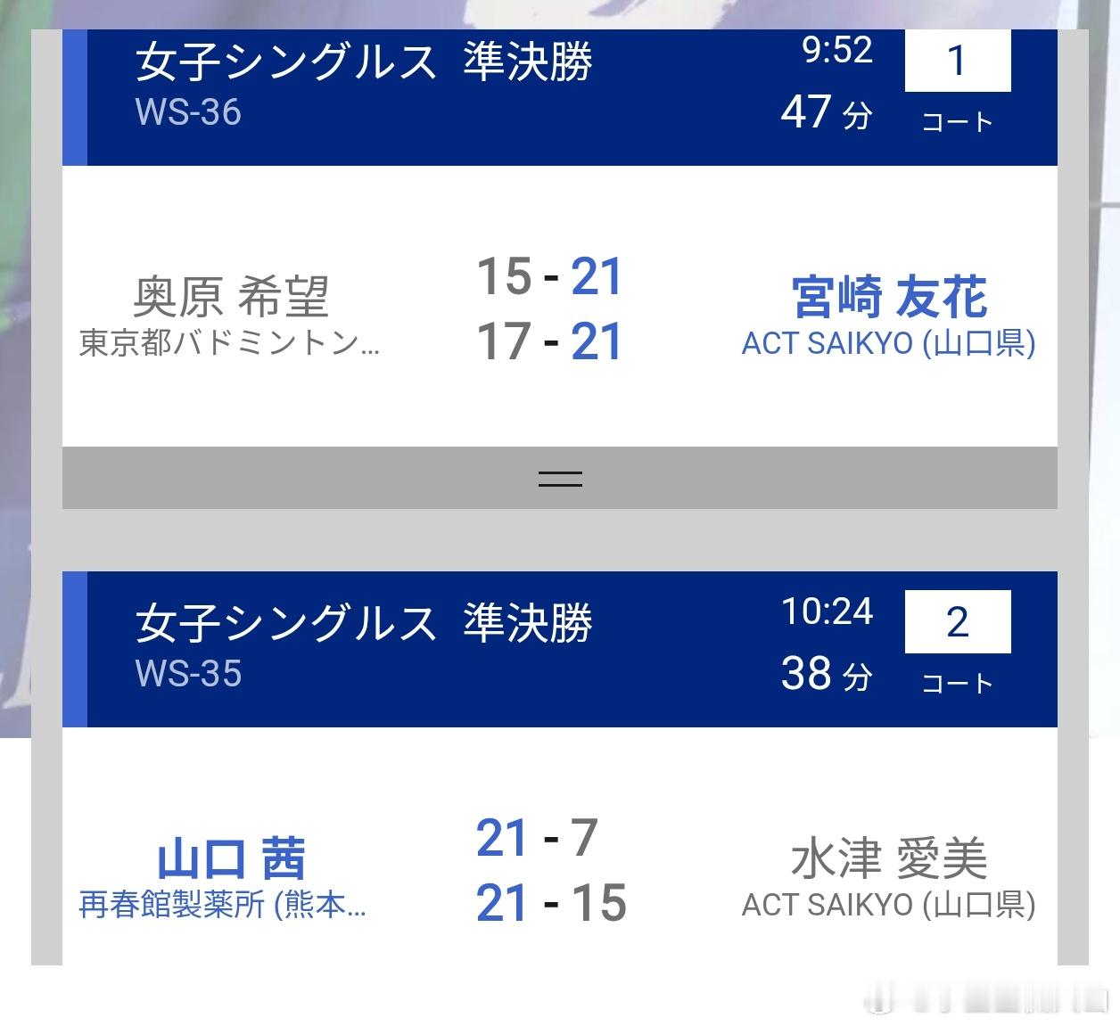 山口茜 21-7、21-15 水津爱美宫崎友花 21-15、21-17 奥原希望