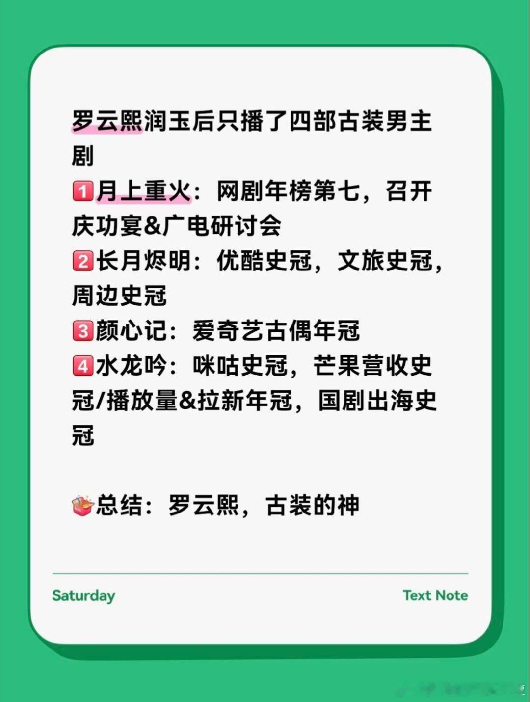 罗云熙润玉之后只播了4部古装剧，每部剧的成绩都很亮眼，而且他的古装存在感特别高，