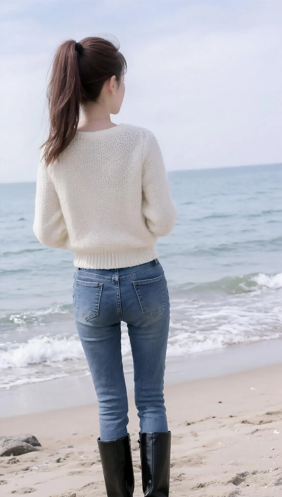 紧身牛仔裤 穿出长腿美感 牛仔裤穿搭 AI海滨背影照 随变ai随便玩