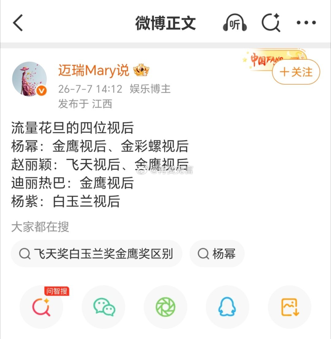 赵丽颖手握飞天+金鹰双视后，杨幂拿下金鹰与金彩螺，迪丽热巴、杨紫分别斩获金鹰、白