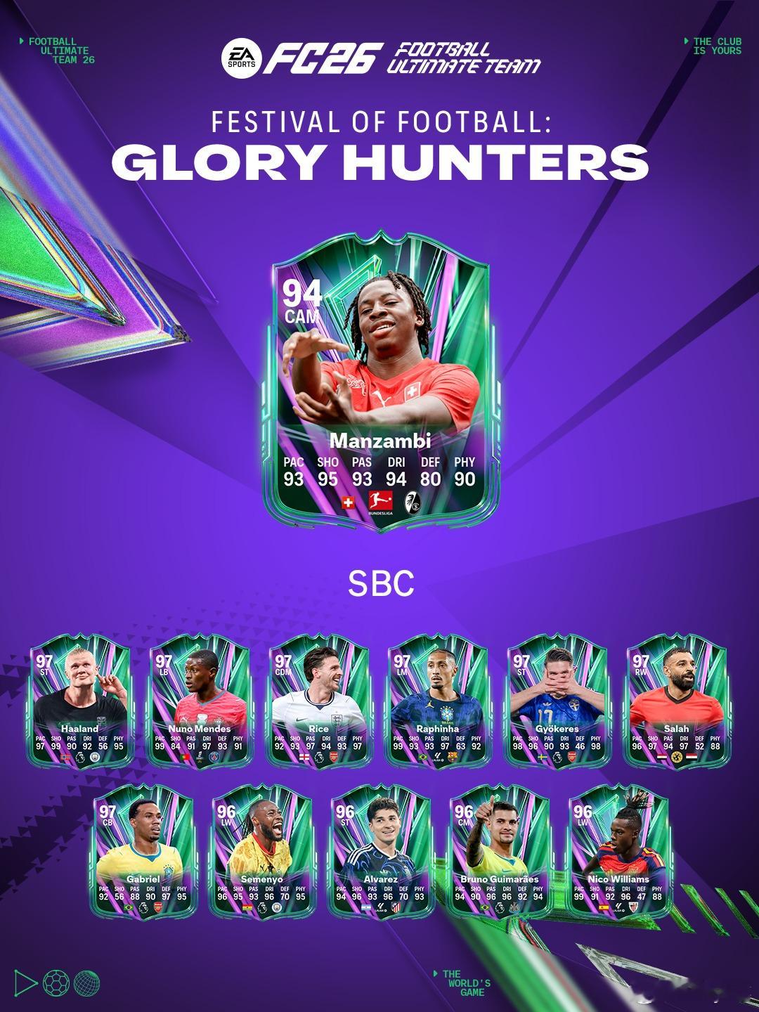 7月9日【新增 SBC】共 2 个1. 足球庆典：荣耀猎手阵容 2 球员 3 选