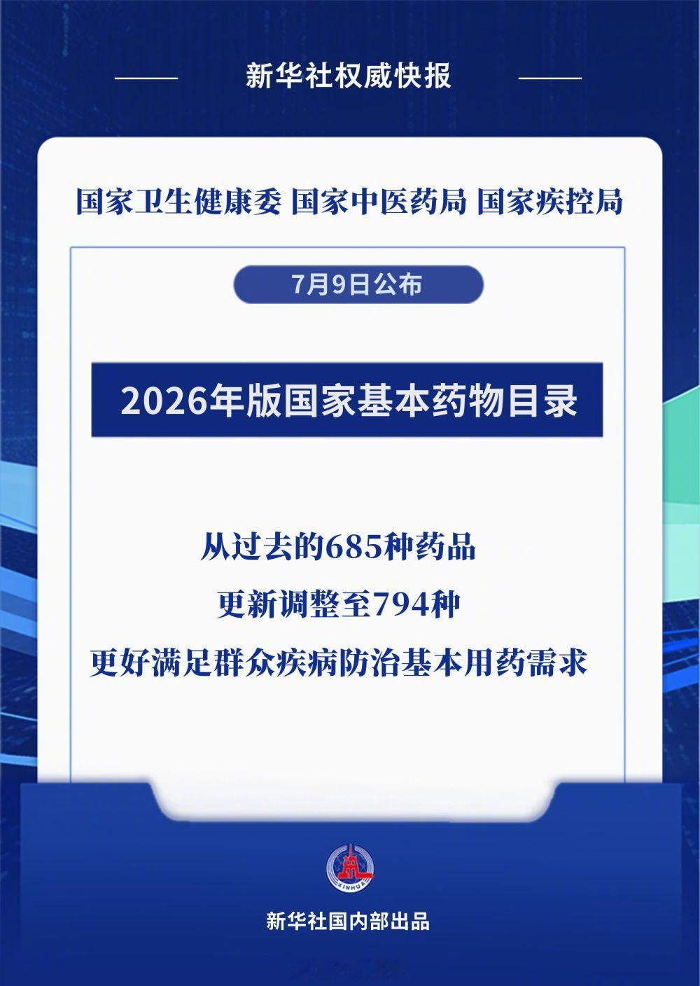 【2026年版国家基本药物目录公布】国家基本药物目录增加至794种药品 7月9日