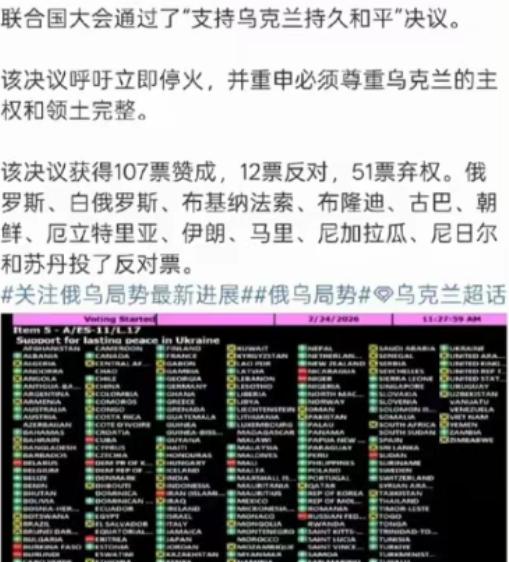 弱国无外交啊，支持乌克兰的国家只有107个，但是支持俄罗斯的国家居然高达12个。