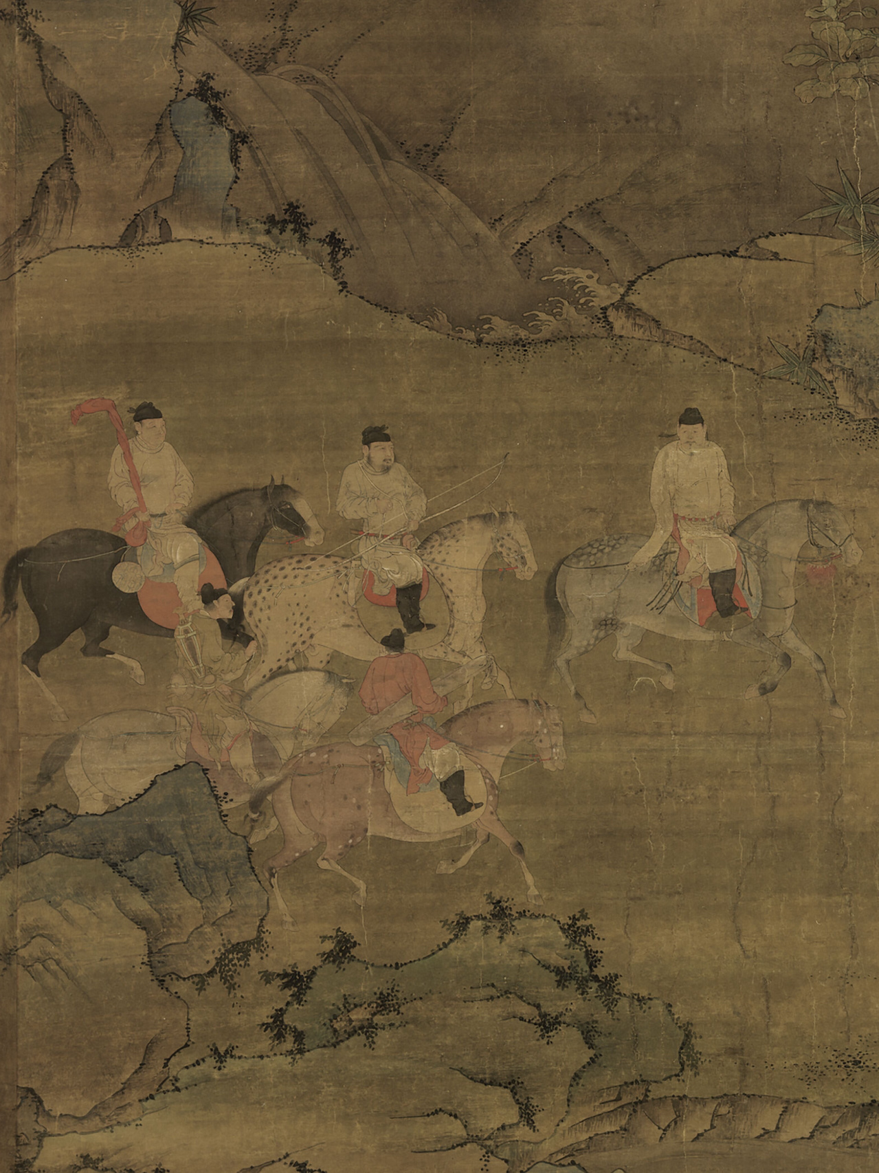 唐·佚名《春郊游骑图》 | 台北故宫博物院图绘七人骑马游春，中间一人上身呈正面，