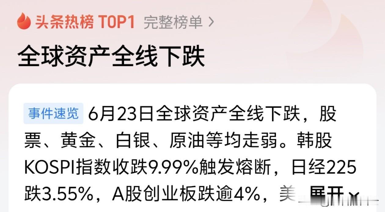 全球资产全线崩跌，一场风暴正在逼近！

黑色星期二，来了。

6月23日，全球资