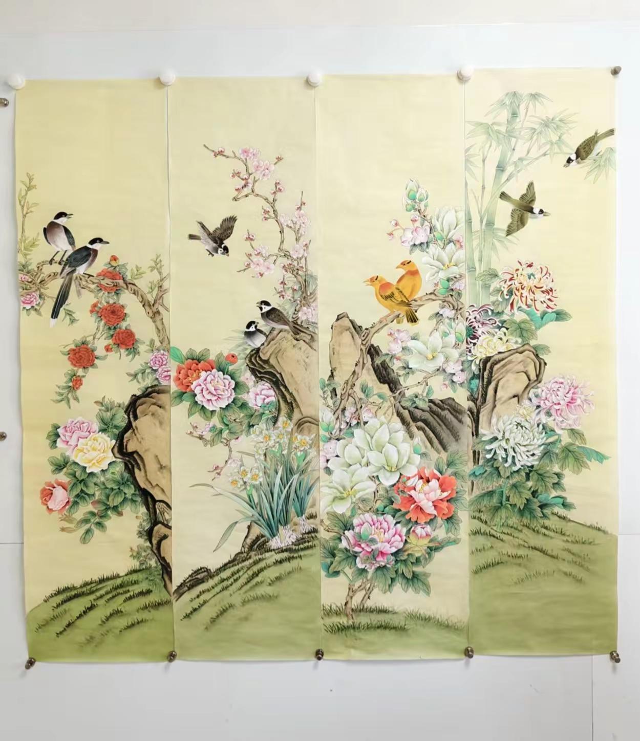 花鸟四条屏 工笔花鸟国画 创作者中心 创作灵感 花鸟四条屏作品