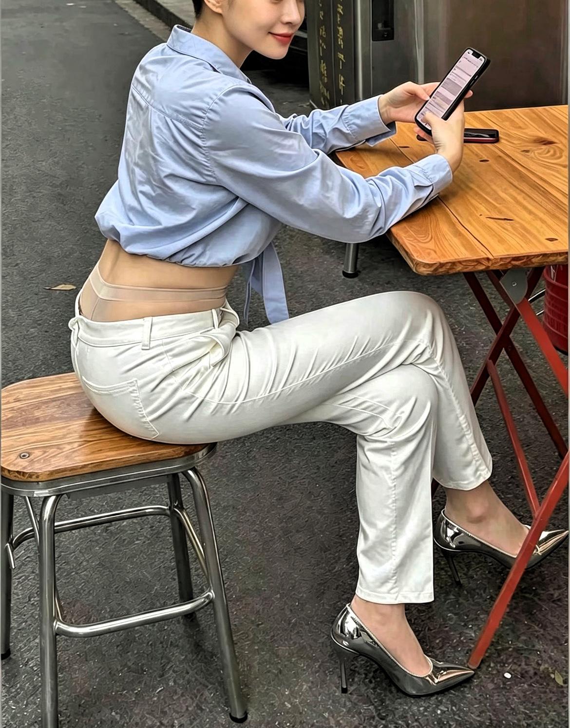 本单位的一位同事虽然早上在街头桌子上等候一碗热干面端上来，但气质一点没有丢，我悄