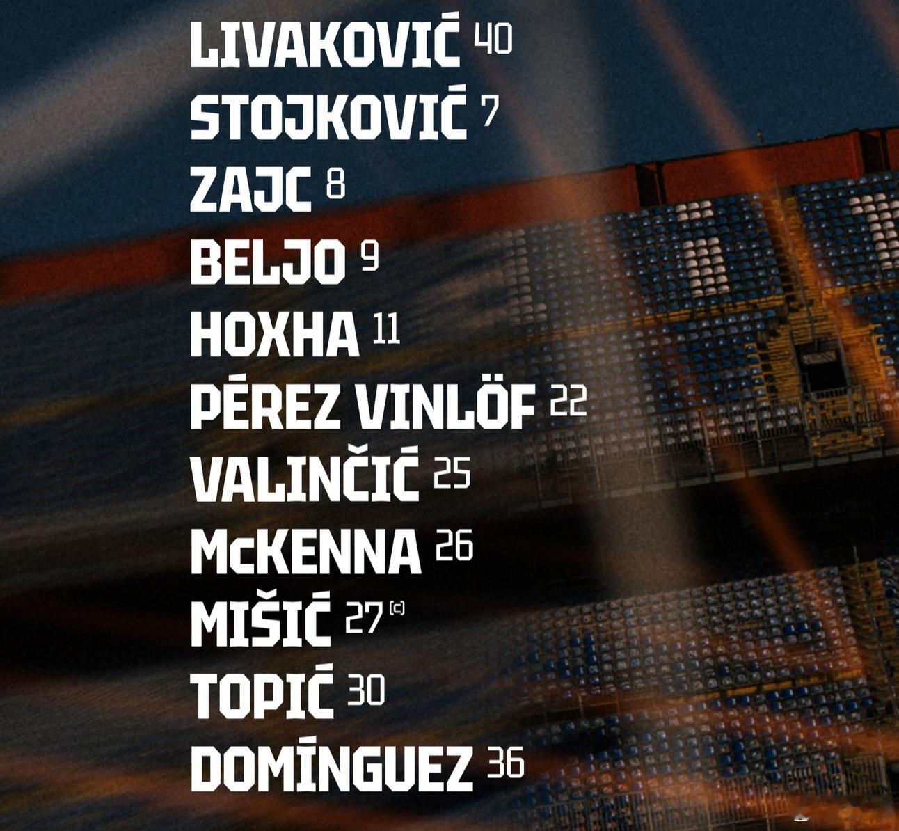 萨格勒布迪纳摩对阵亨克首发阵容:利瓦科维奇/瓦林契奇、多明戈斯、麦克纳、温勒夫/