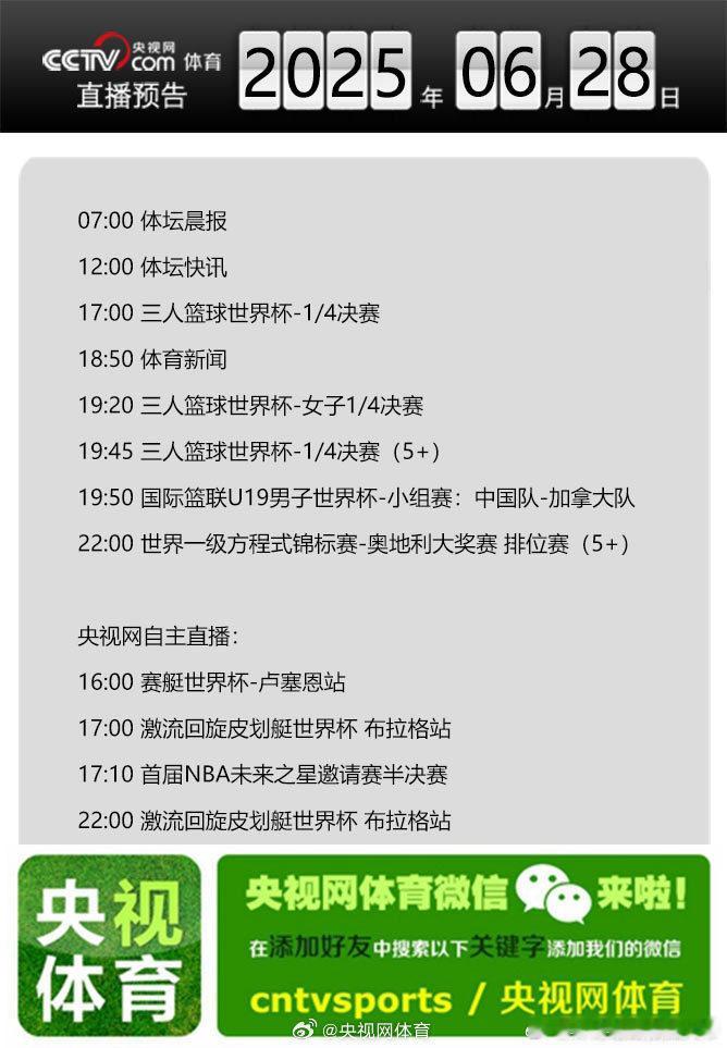 【央视网体育6月28日直播预告】07:00 体坛晨报；12:00 体坛快讯；17