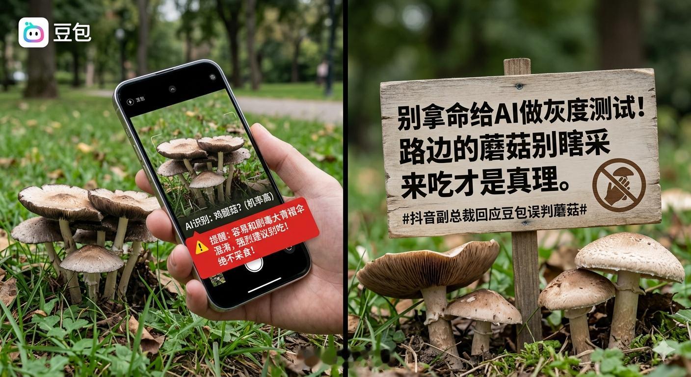 抖音副总裁回应豆包误判蘑菇这事挺让人无奈的。用户用豆包拍小区里的蘑菇，AI虽然识