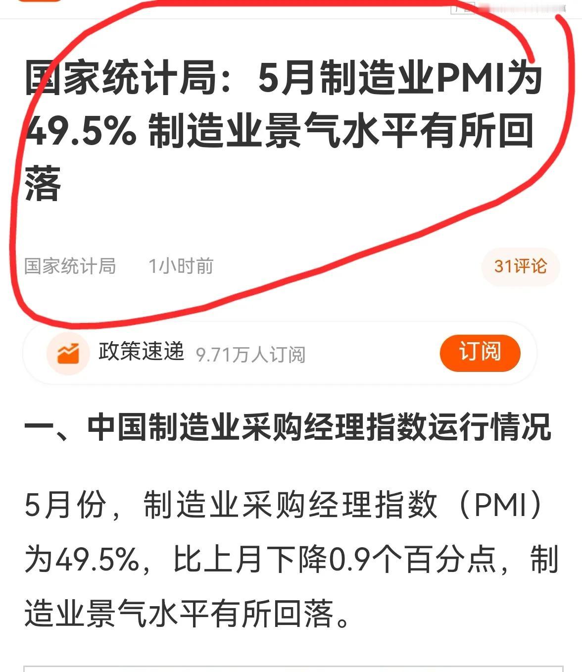 老手说股：（2）
刚公布的5月份制造业采购经理指数，重回50下方。
我们也不需要