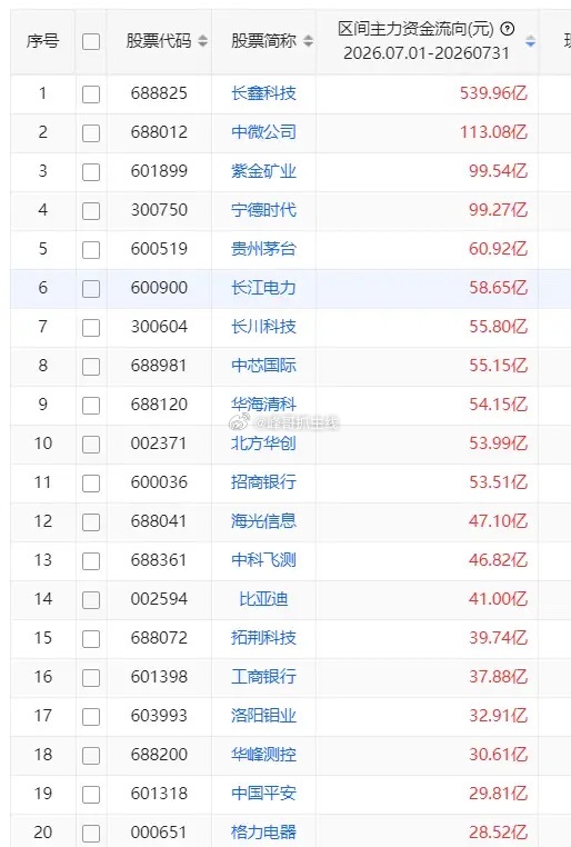 7月主力资金买入前20股1 长鑫科技 539.96亿 2 中微公司 113.08