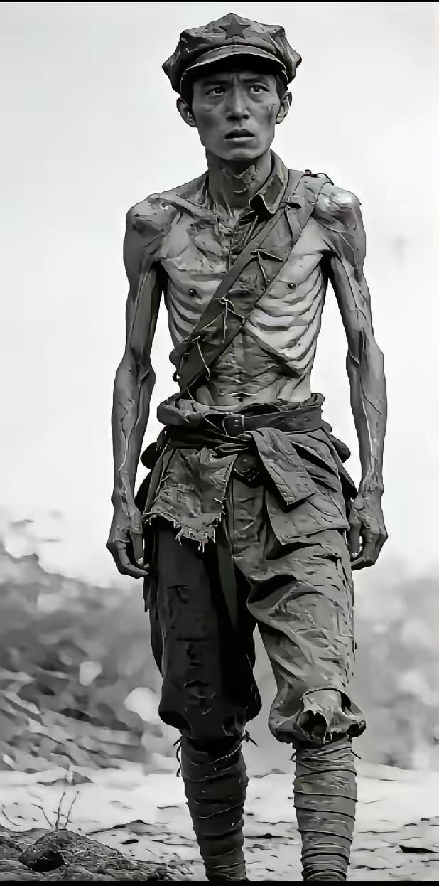 看那头上的五角星，看那粗麻布的裤子，就是红军战士。

再看他裸露的上身，瘦的肋条