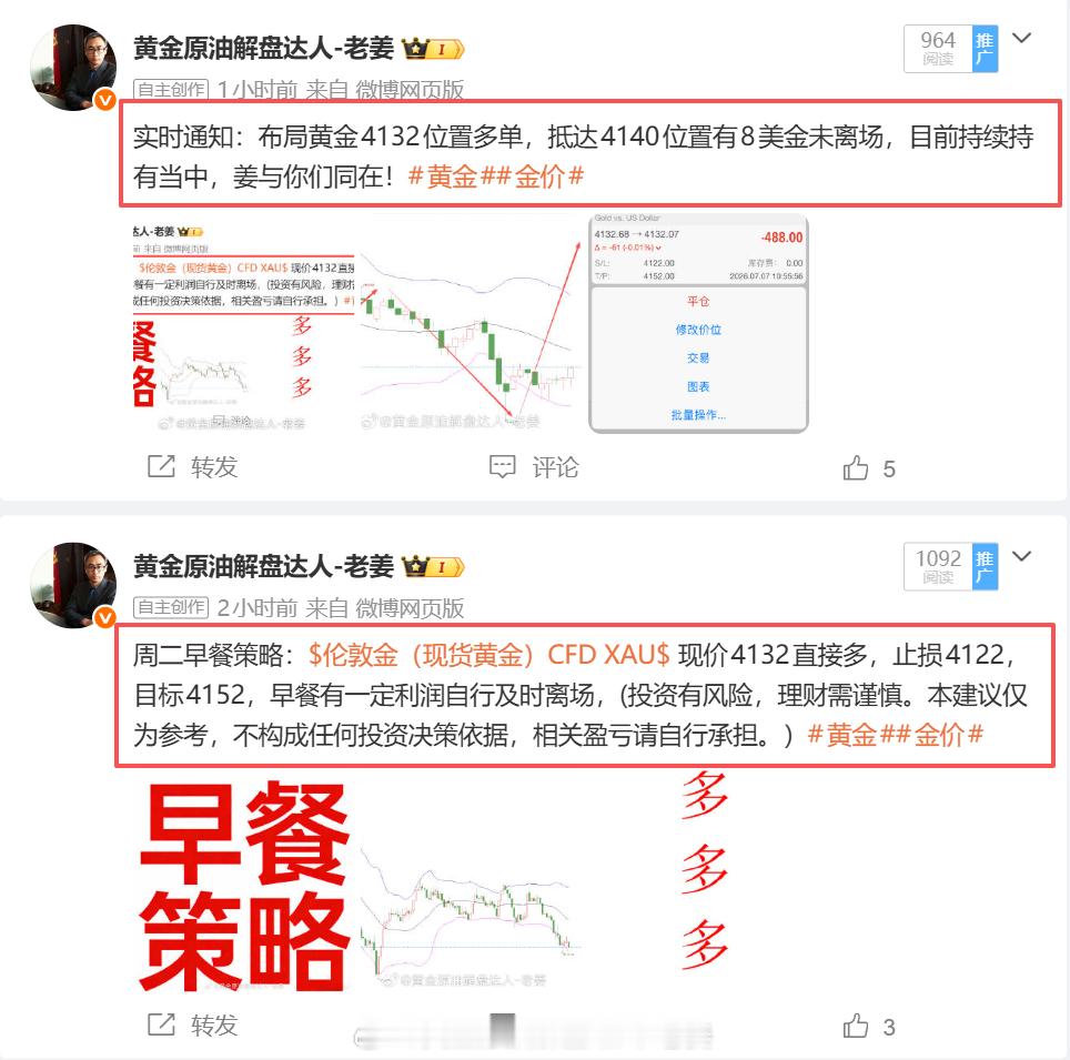 周二早餐落袋为安7美金：黄金布局4132位置早餐，已经在4139位置拿下7美金全