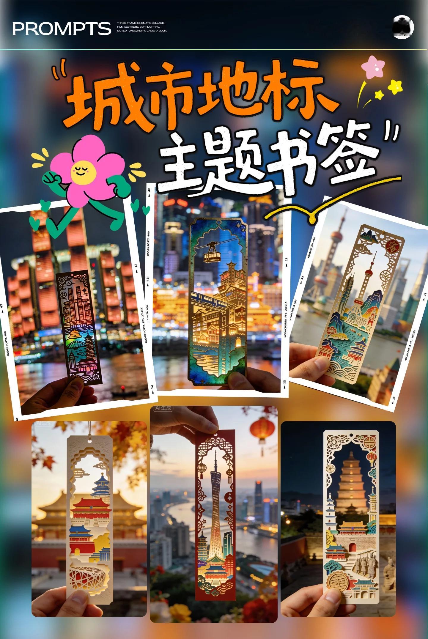 AI一键生成10+城市地标书签！附详细提示词工具：即梦提示词：一只手拿着一个细长