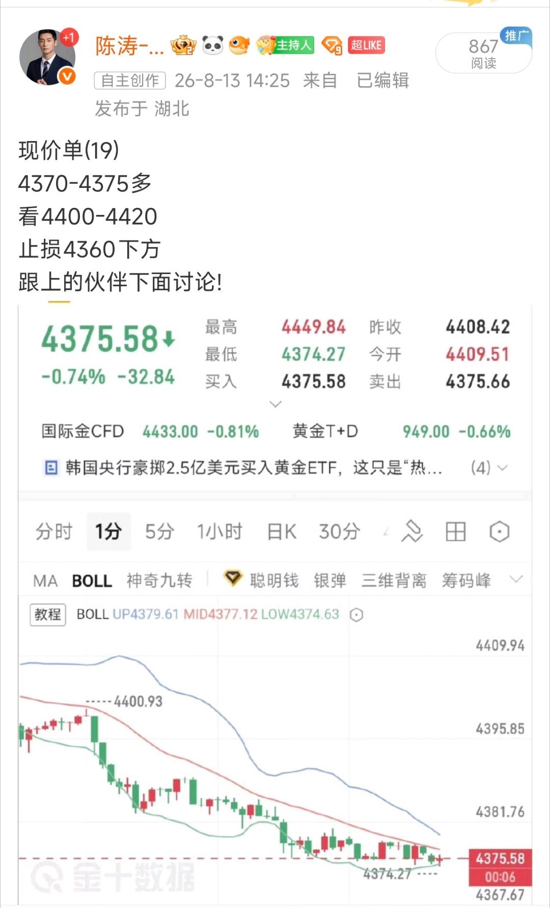 午间现价多单思路完美兑现，金价冲高4401，稳稳拿下35点利润还在持有的伙伴可以