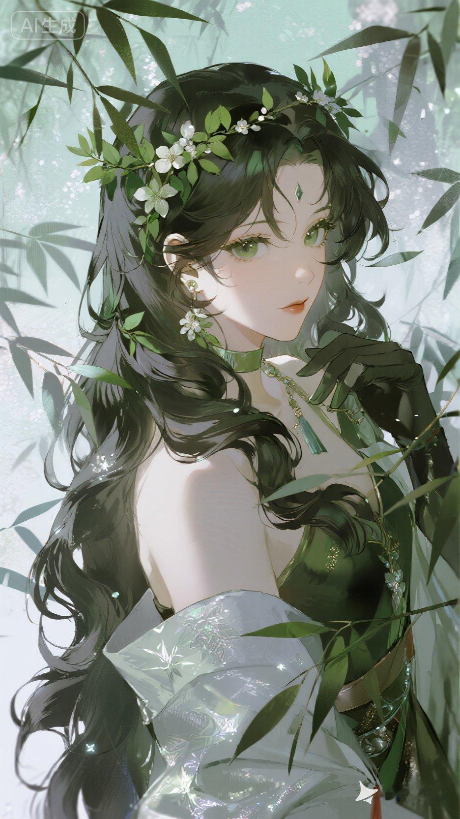 梦幻森林中的精灵少女，绿意盎然，花环点缀，宛如仙境。