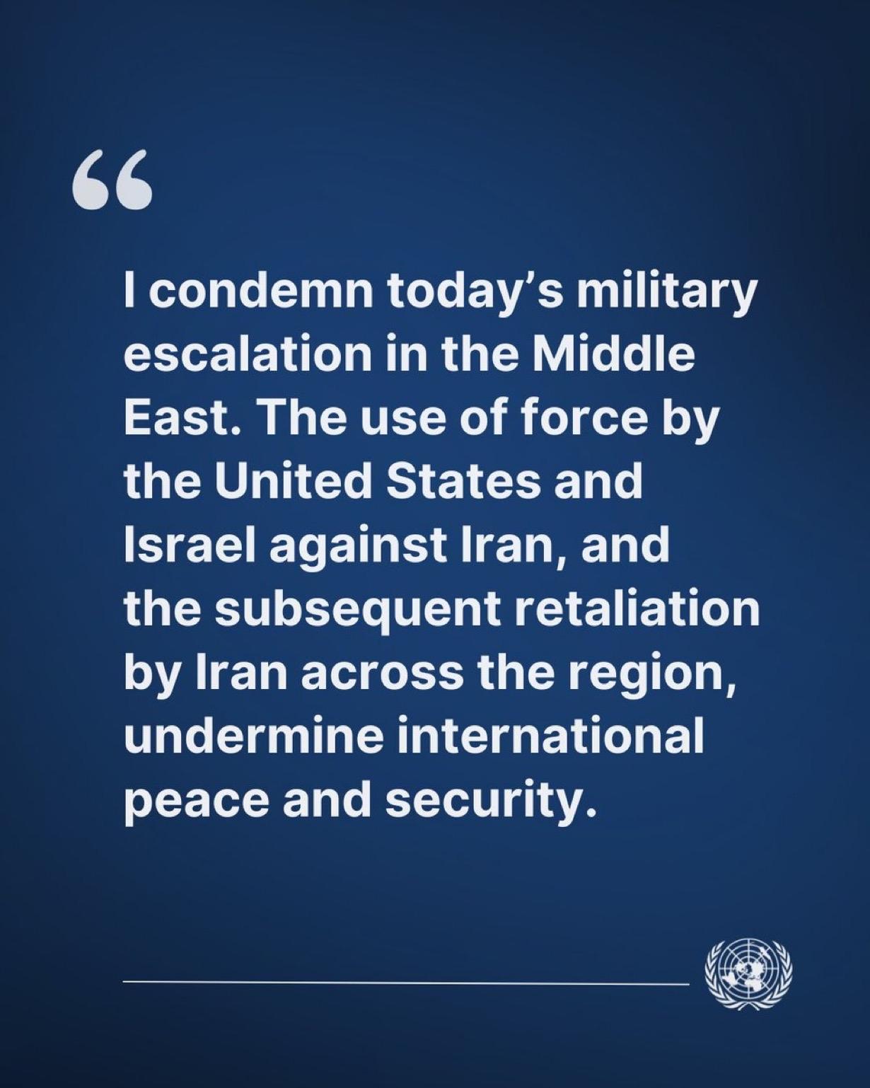 联合国秘书长古特雷斯发表声明谴责美以袭击伊朗：

“我谴责今天中东地区的军事升级